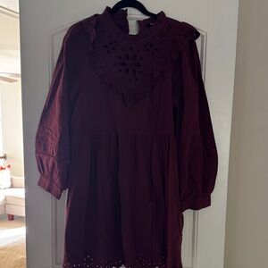 Madewell Deep Red Long Sleeve Dress with Eyelet Accents